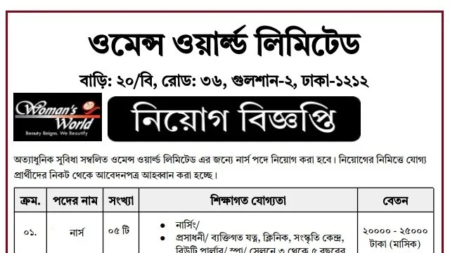 ওমেন্স ওয়ার্ল্ড লিমিটেডে নার্স নিয়োগ বিজ্ঞপ্তি