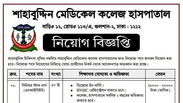 শাহাবুদ্দিন মেডিকেল কলেজ হাসপাতালে নার্স নিয়োগ বিজ্ঞপ্তি