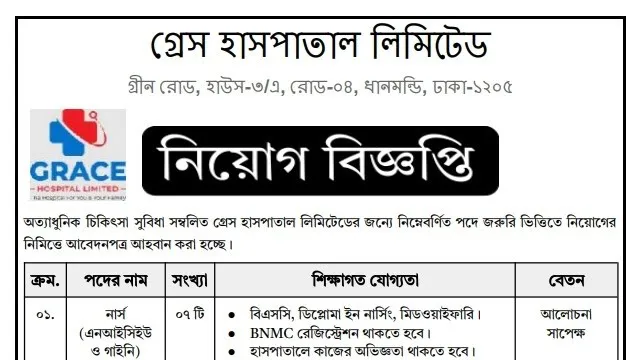 গ্রেস হাসপাতাল লিমিটেডে নার্স নিয়োগ বিজ্ঞপ্তি