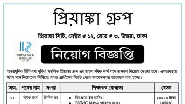 প্রিয়াঙ্কা গ্রুপ নার্স নিয়োগ বিজ্ঞপ্তি ২০২৫